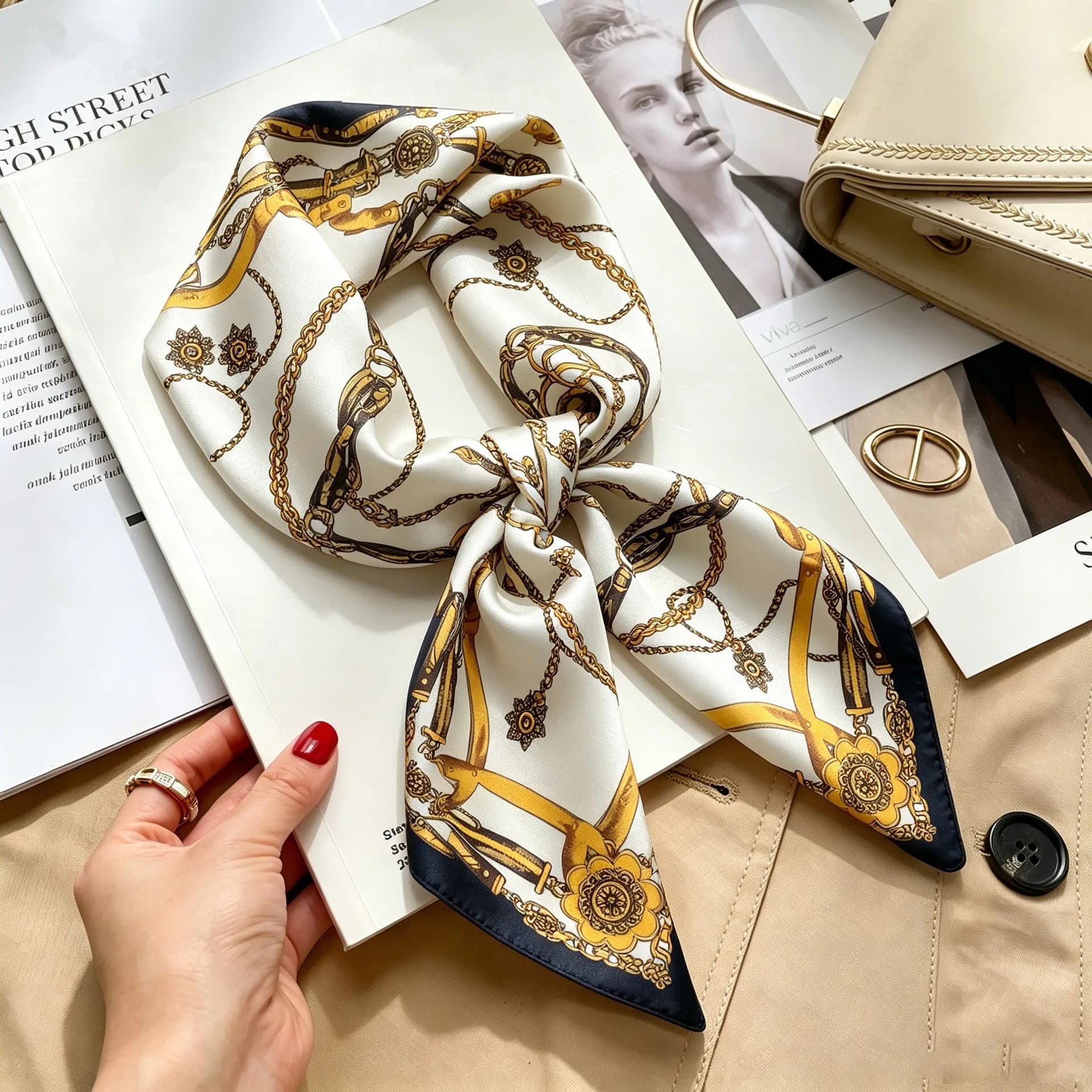 70cm Luxury Chain Print Square Silk Scarf Women Designer Scarves Bandana Foulard Shawl Hijab Echarpe Hairband Tie Ribbon Ladies