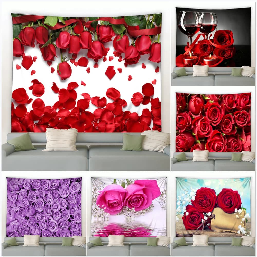 Rosa fiori rossi arazzo da parete naturale elegante soggiorno camera da letto dormitorio casa arte decorazione coperta tappetino da Yoga