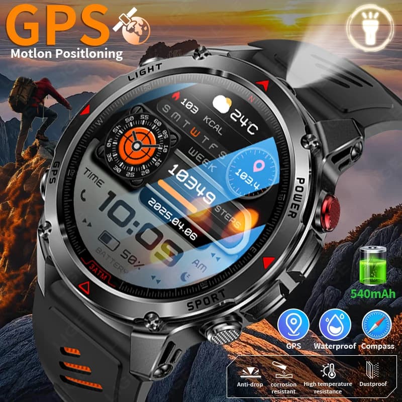 Orologio intelligente militare da esterno Orologio sportivo da uomo GPS Torcia a LED Batteria da 540 mAh Bussola impermeabile Chiamata Bluetooth Smartwatch