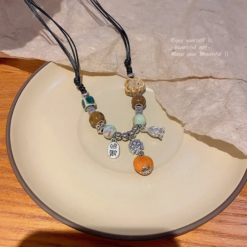 Nuova collana con lucchetto della pace in stile cinese per donna, catena vintage con clavicola in ceramica di Jingdezhen, versatile ed elegante, catena al collo che attira la ricchezza