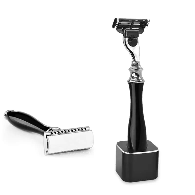 Rasoio da barba a 3 bordi con manico rivestito nero rasoio di sicurezza per barba e baffi per rasatura perfetta da uomo