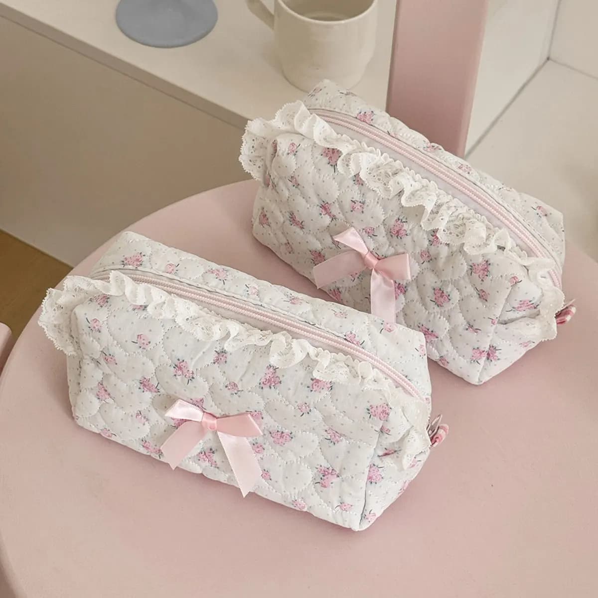 Borsetta da viaggio in pizzo rosa con fiore, piccola pochette porta trucchi e monete, organizer cosmetico, graziosa borsa a tracolla quadrata con cerniera per ragazze