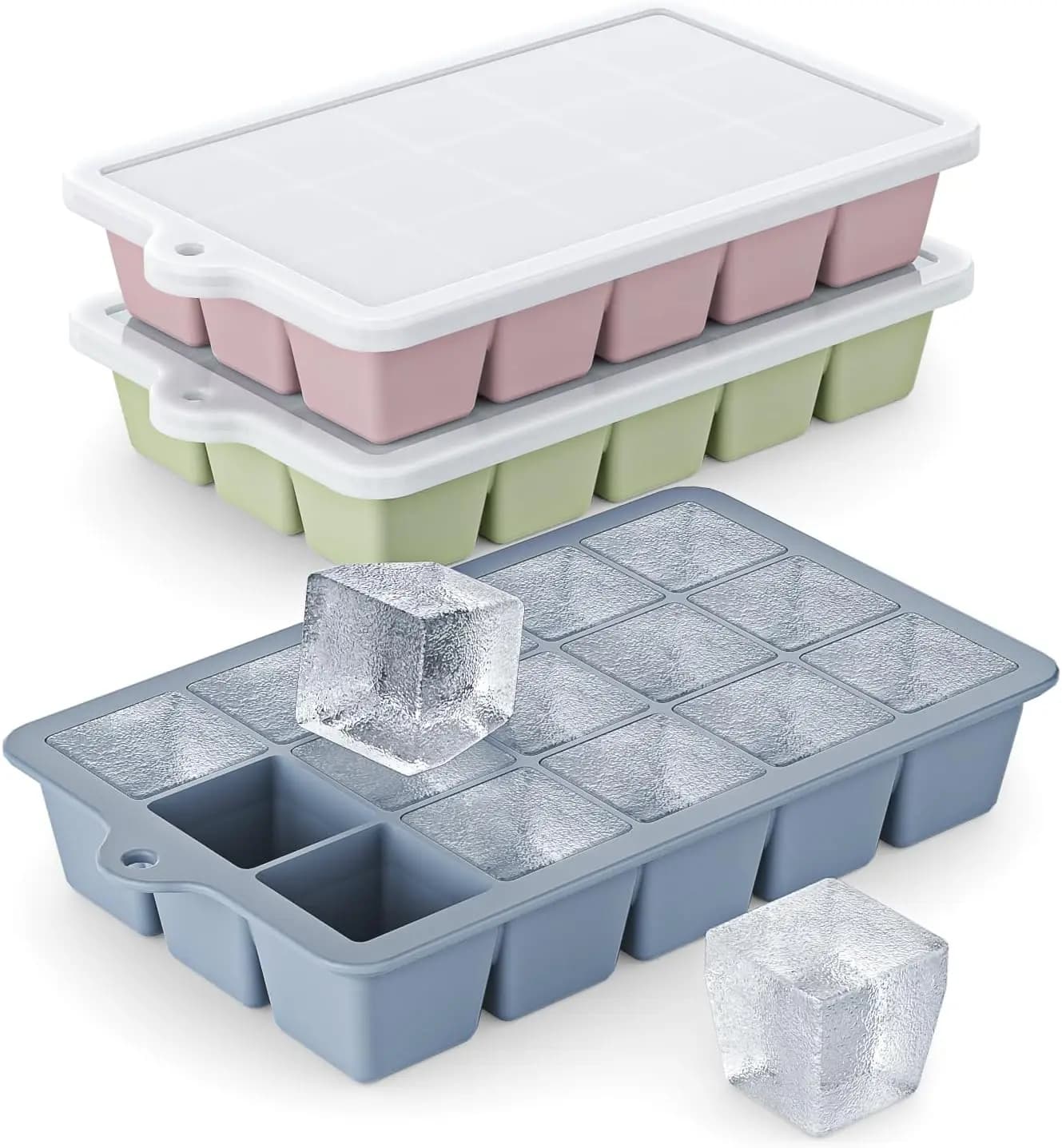 Set di 3 Stampi in Silicone per Cubetti di Ghiaccio con Coperchi - Facile da Sformare, Senza BPA, Stampi Flessibili per Whisky e Cocktail (Blu+Rosa+Verde)