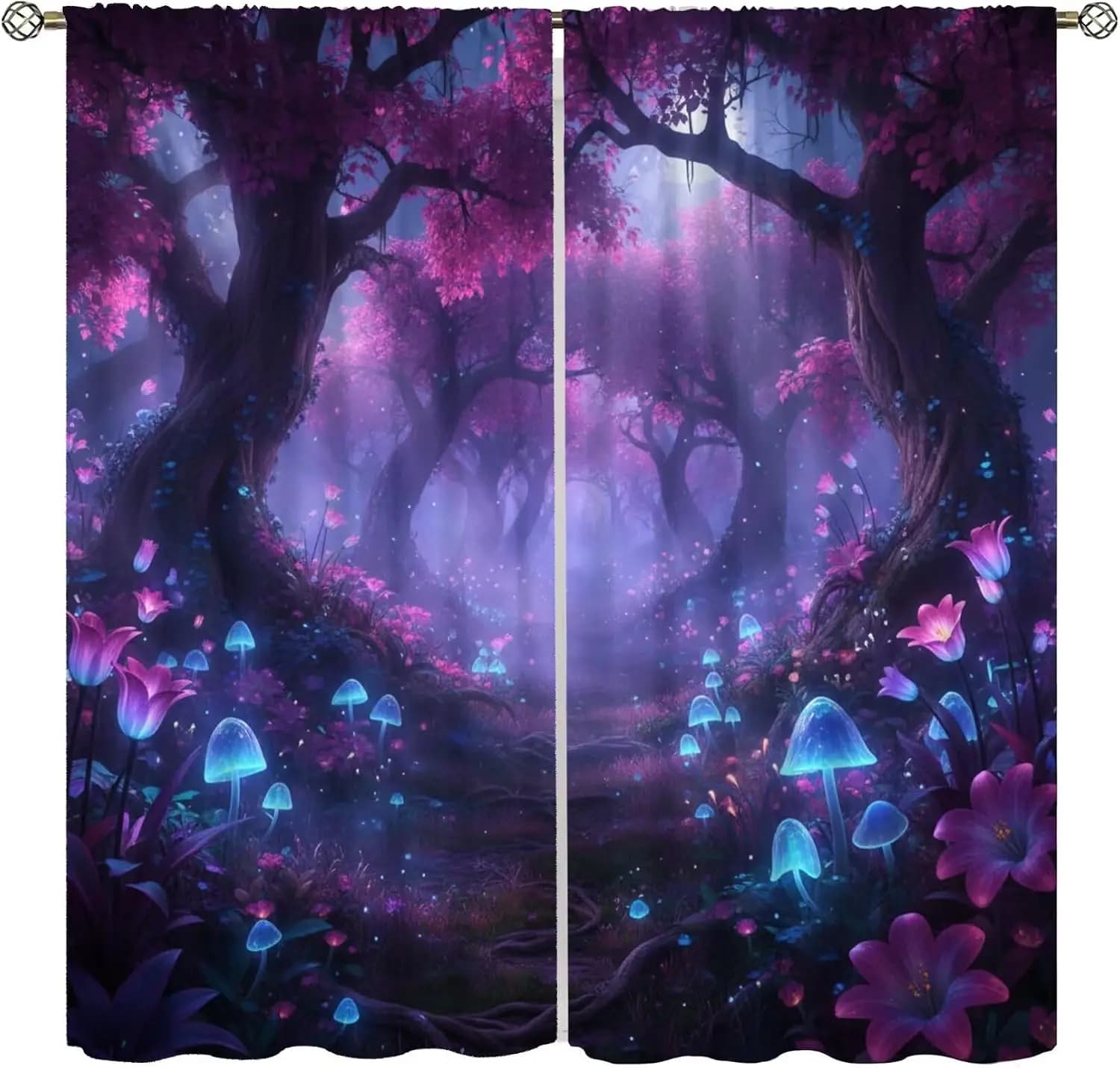 Fantasy Forest Curtains Polyester Window Curtains Magical Enchanted Grove Blue Pink Mushroom Glowing Nature Curtain Panel Home D