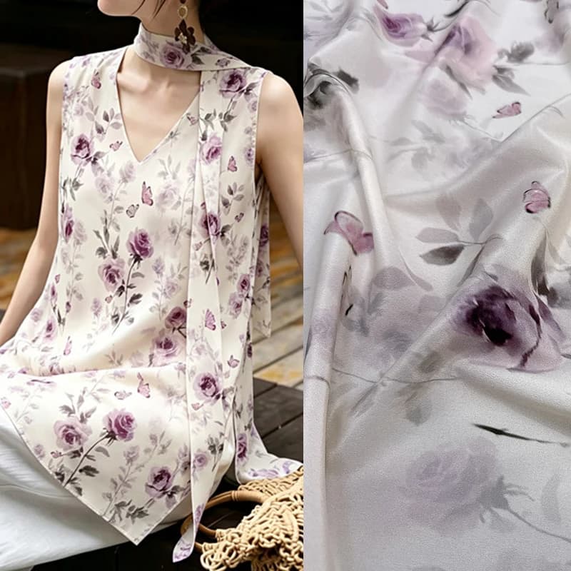 Light Purple Floral Printed Stretch Silk Crepe de Chine Fabric for DIY Sewing Summer Dress Skirt Pajamas Soft Silk Fabric FR6991