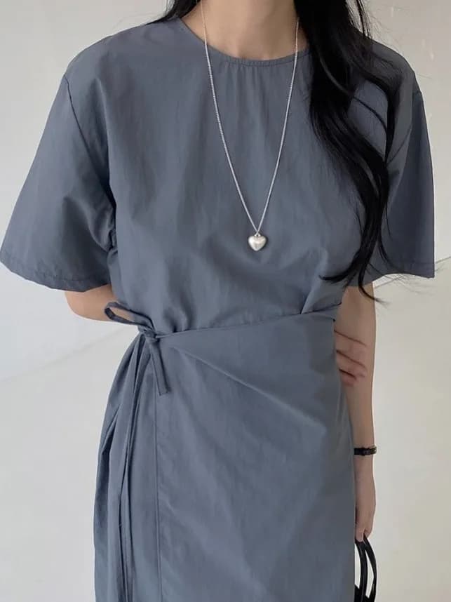 Chic Summer Korean Style round Neck One-Piece Short Sleeve Dress Women's Waist-Cinching Belted Slimming Long Dress
