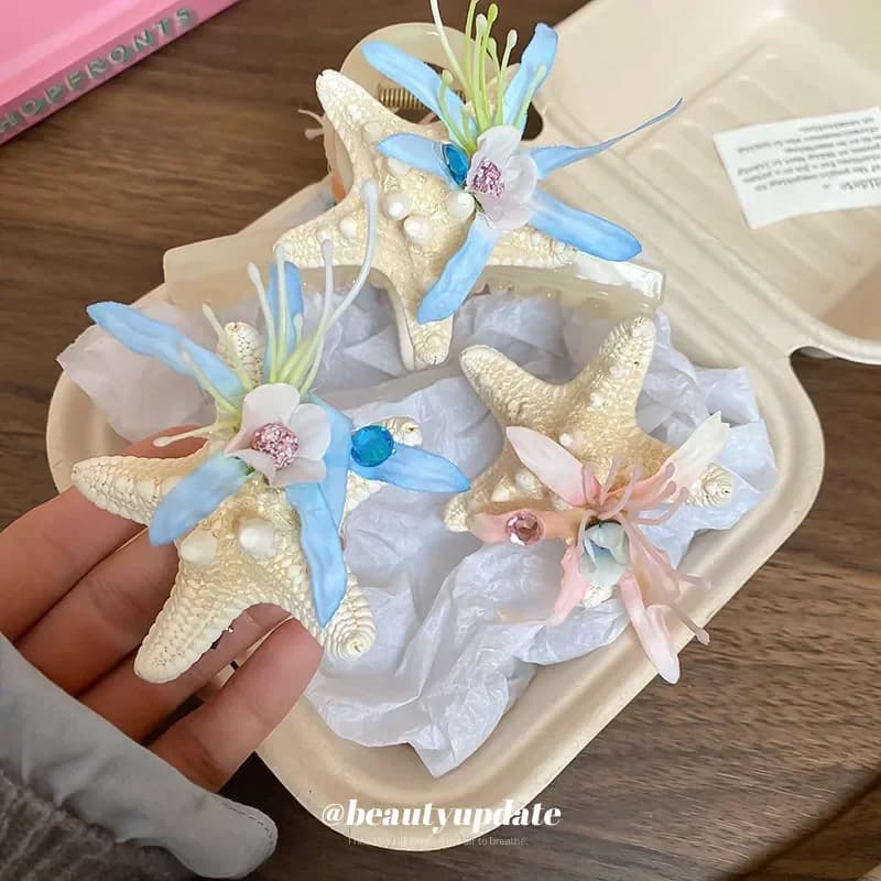 2026 Diamond Fabric Flower Starfish Hairpin Seaside Vacation Wind Back Head Duck Bill Clip Travel Photo Versatile Hair