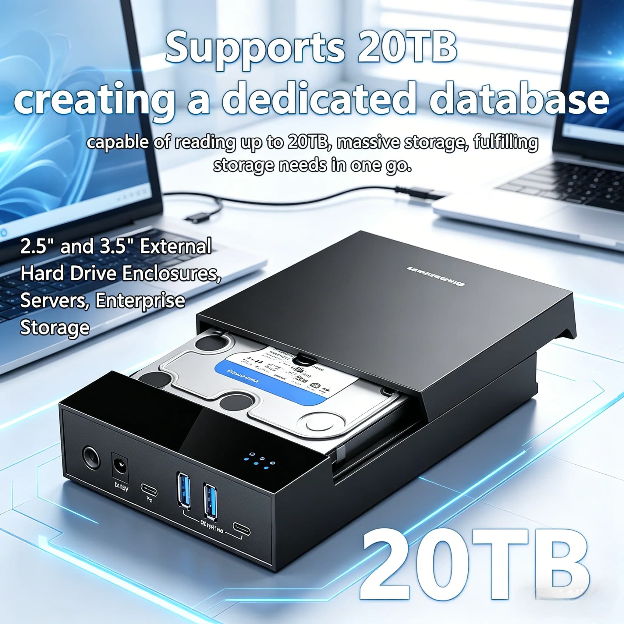 Box esterno per HDD/SSD da 2.5/3.5 pollici Type-C con HUB USB 3.0, senza attrezzi, supporta 18TB, alimentazione 12V