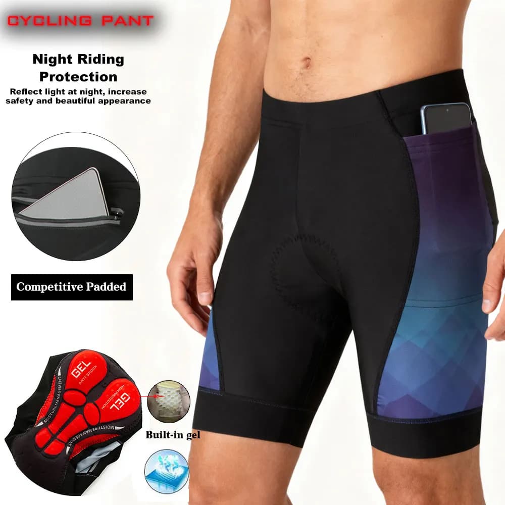 Nuovo modello di pantaloncini da ciclismo da uomo con tasca posteriore e imbottitura in gel 5D per mountain bike e ciclismo su strada, pantaloncini a mezza gamba.