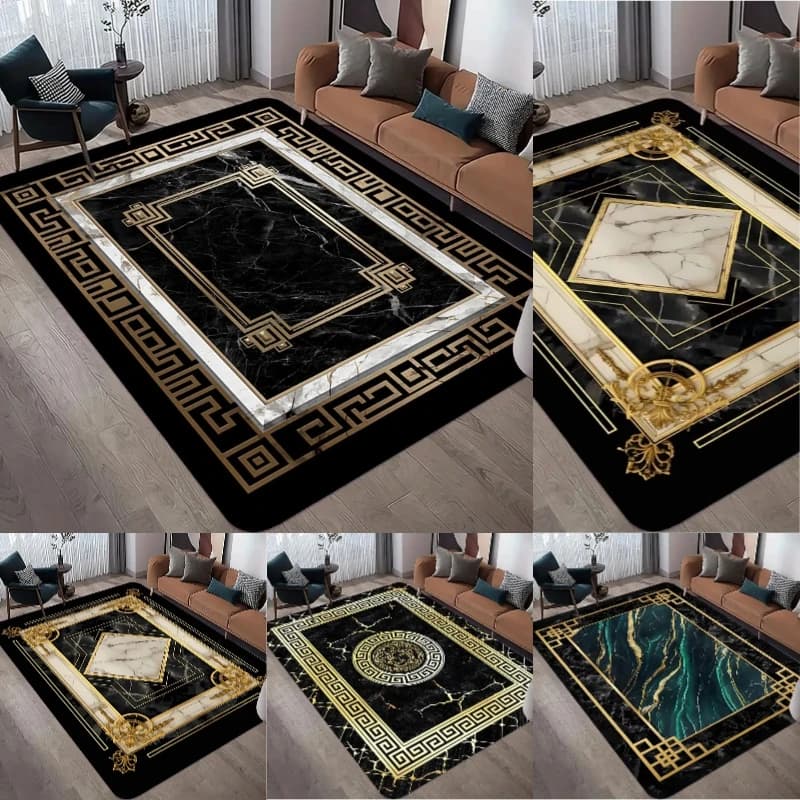 Tappeto in Marmo Nero e Oro per Decorazione Soggiorno, Tappeti Grandi per Corridoio e Balcone, Tappetino Lungo Antiscivolo per Pavimento
