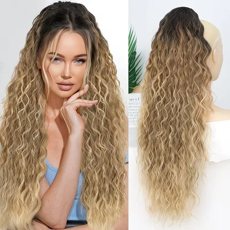 Claw Clip Ponytail Extension 28 Inch Ombre Brown Mix Blonde Ponytail Extension for Women Multi Layered Fluffy Thick Wavy Jaw Clip in Fake Pony Tails Fake Hair Soft Synthetic Hairpiece