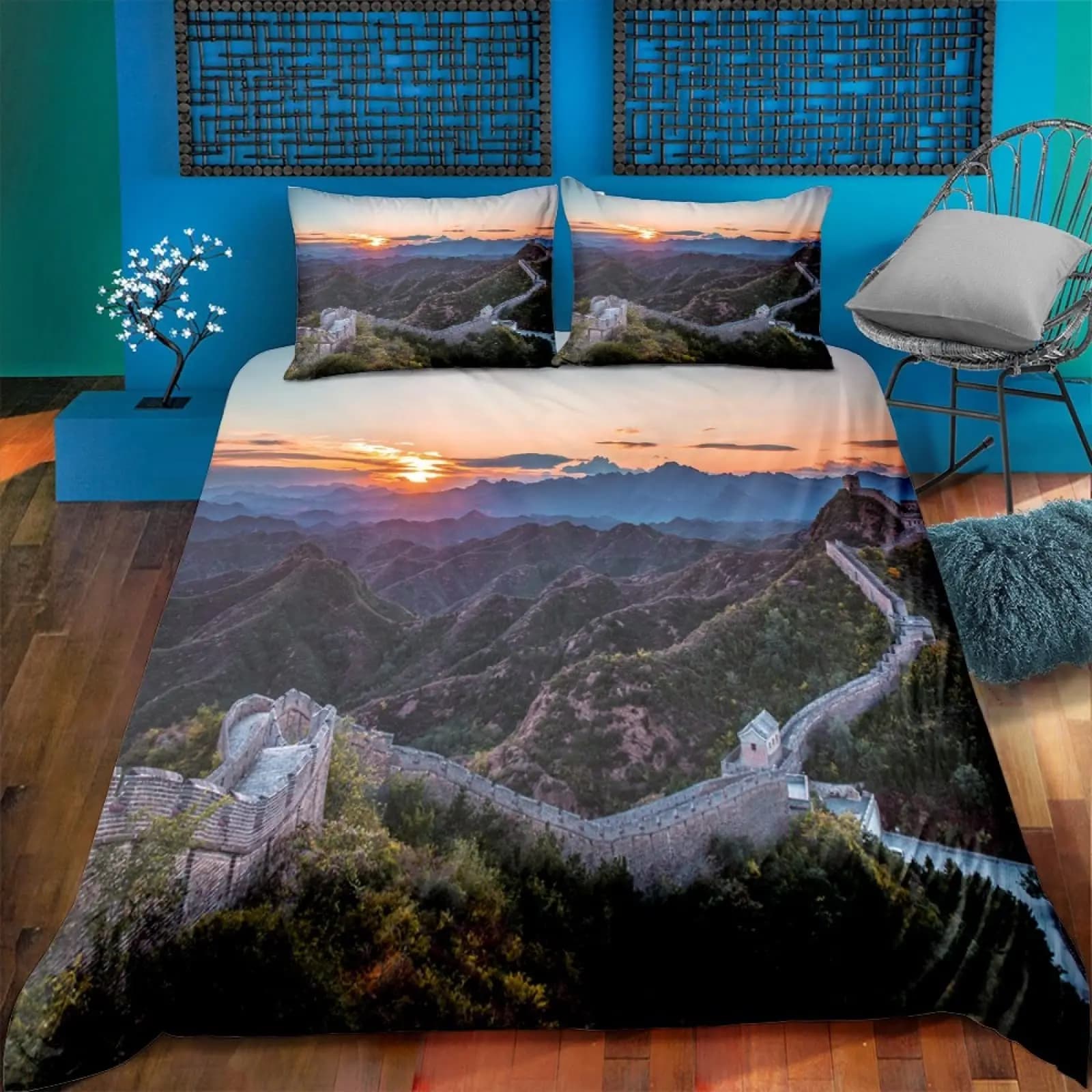 Copripiumino Great Wall King Queen Set di biancheria da letto vecchio edificio cinese per adolescenti Adulti Architettura 2/3 pezzi Copripiumino in poliestere