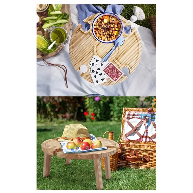 Tavolo da picnic pieghevole per esterni in legno Portabicchieri da vino portatile 2 in 1, scrivania pieghevole Portabicchieri da vino Tavolo da picnic Vassoio da picnic-ROWI
