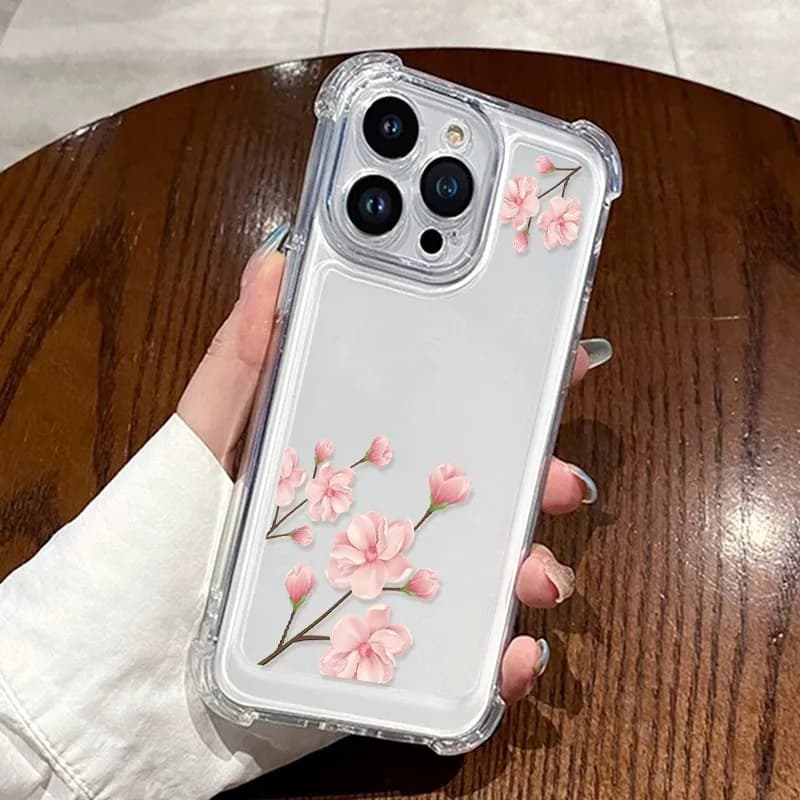 Custodia per telefono con simpatiche fiori di ciliegio rosa per iPhone 17 16 15 14 12 11 Pro XS Max Air X, antiurto con airbag, cover posteriore trasparente in morbido TPU