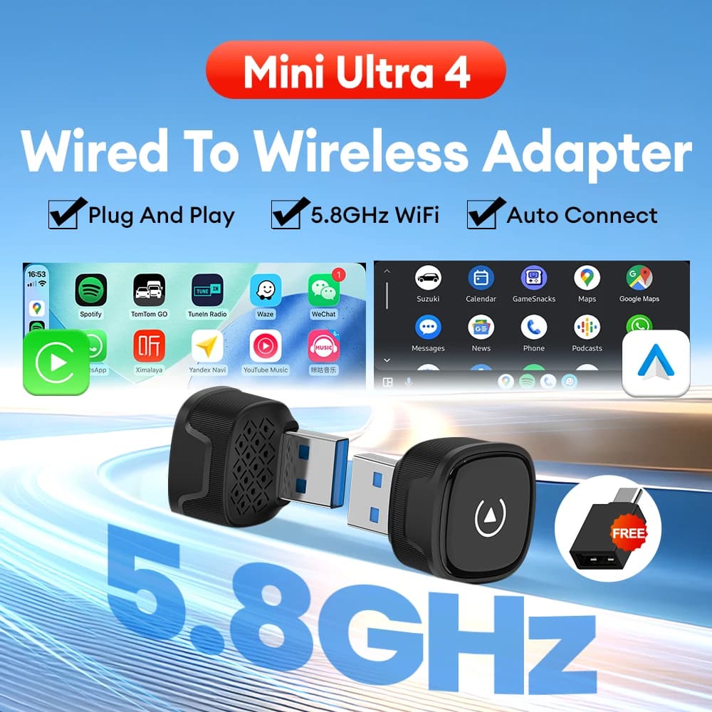 Adattatore Wireless Mini Ultra 4 CarlinKit 5.0 per CarPlay e Android Auto, Connessione WiFi e Bluetooth Plug & Play per Auto OEM