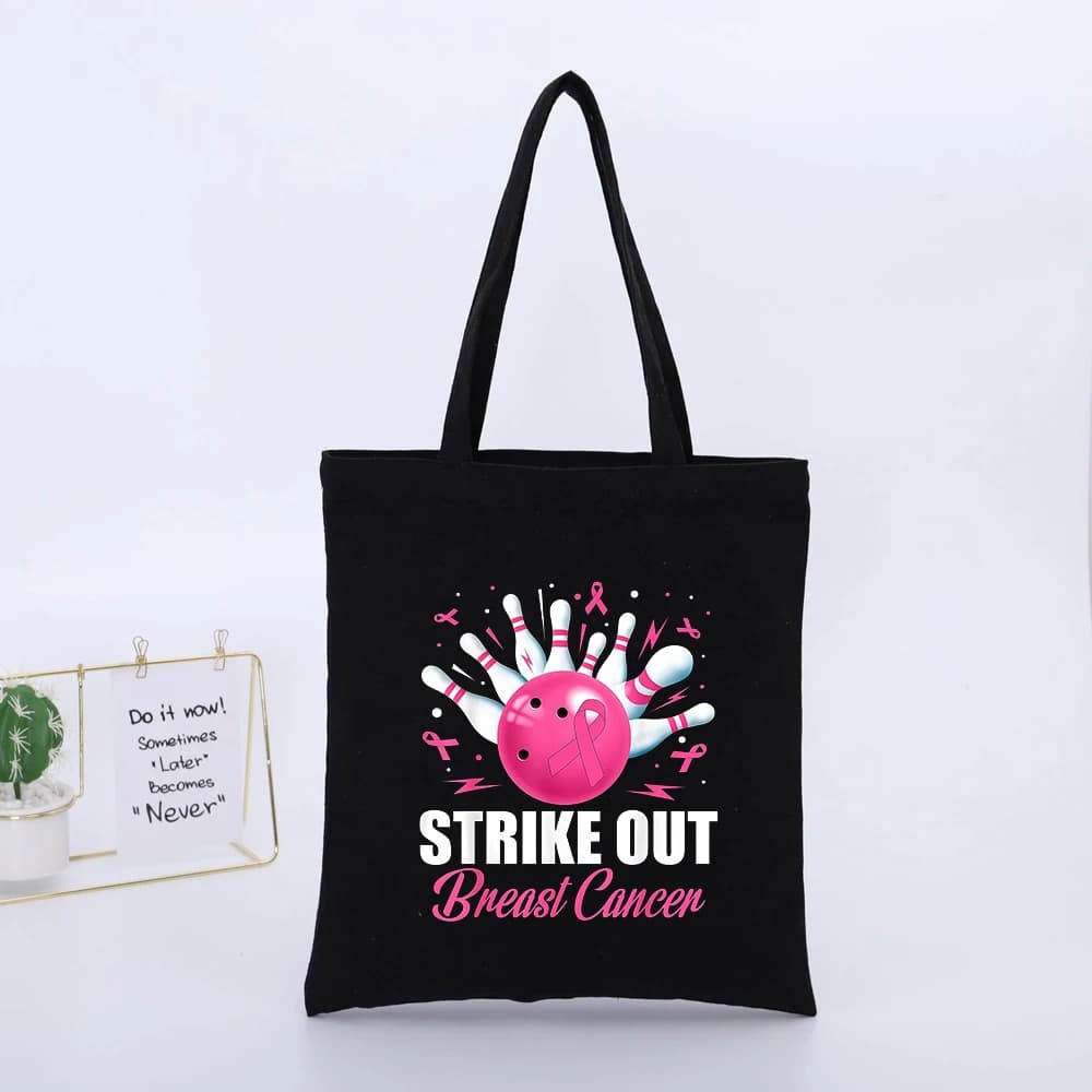 Bowling Graphic Canvas Tote Bag with Pink Ribbon Print, Casual Style for Daily Shopping and Awareness Events