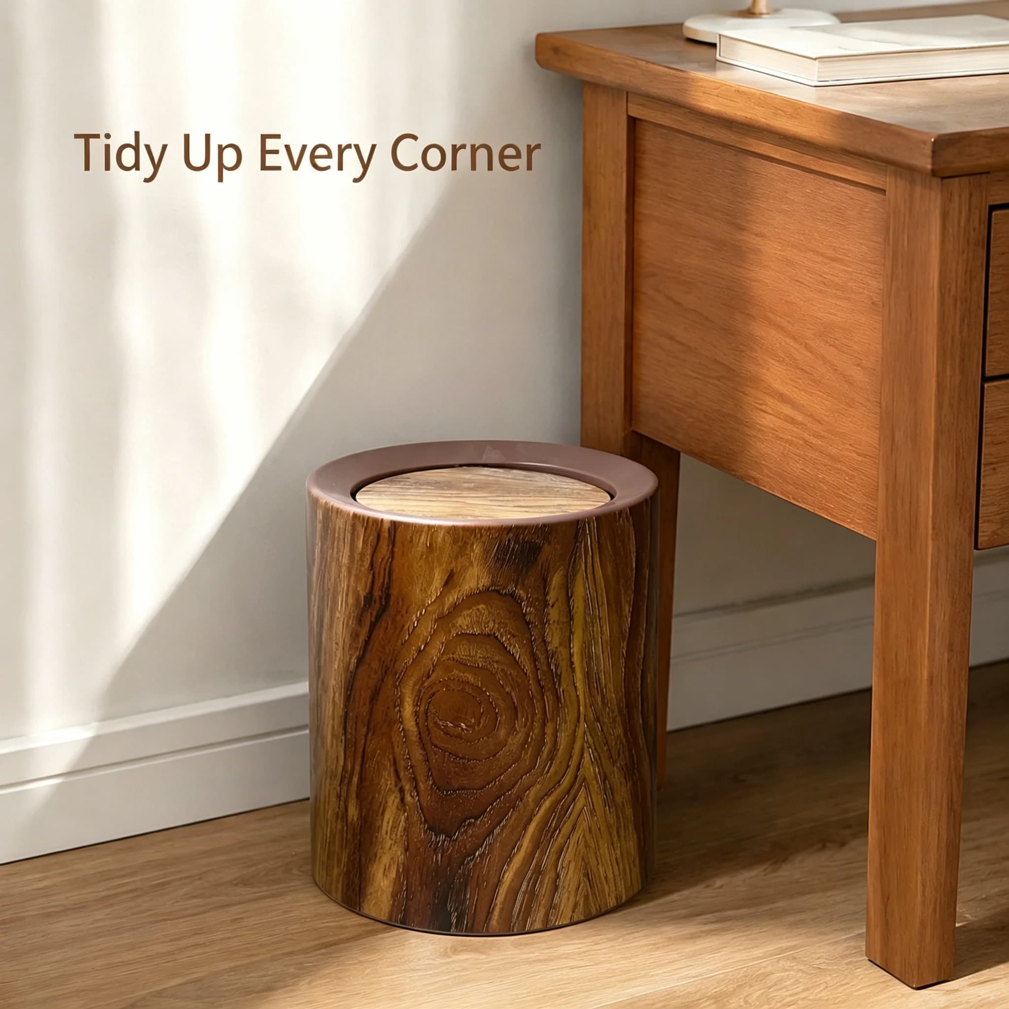 Wood‑Grain Swing Lid Trash Can, Plastic Round Waste Bin with Removable Inner Bucket, Decorative Garbage Can for Bathroom Bedroom Living Room Home Decor