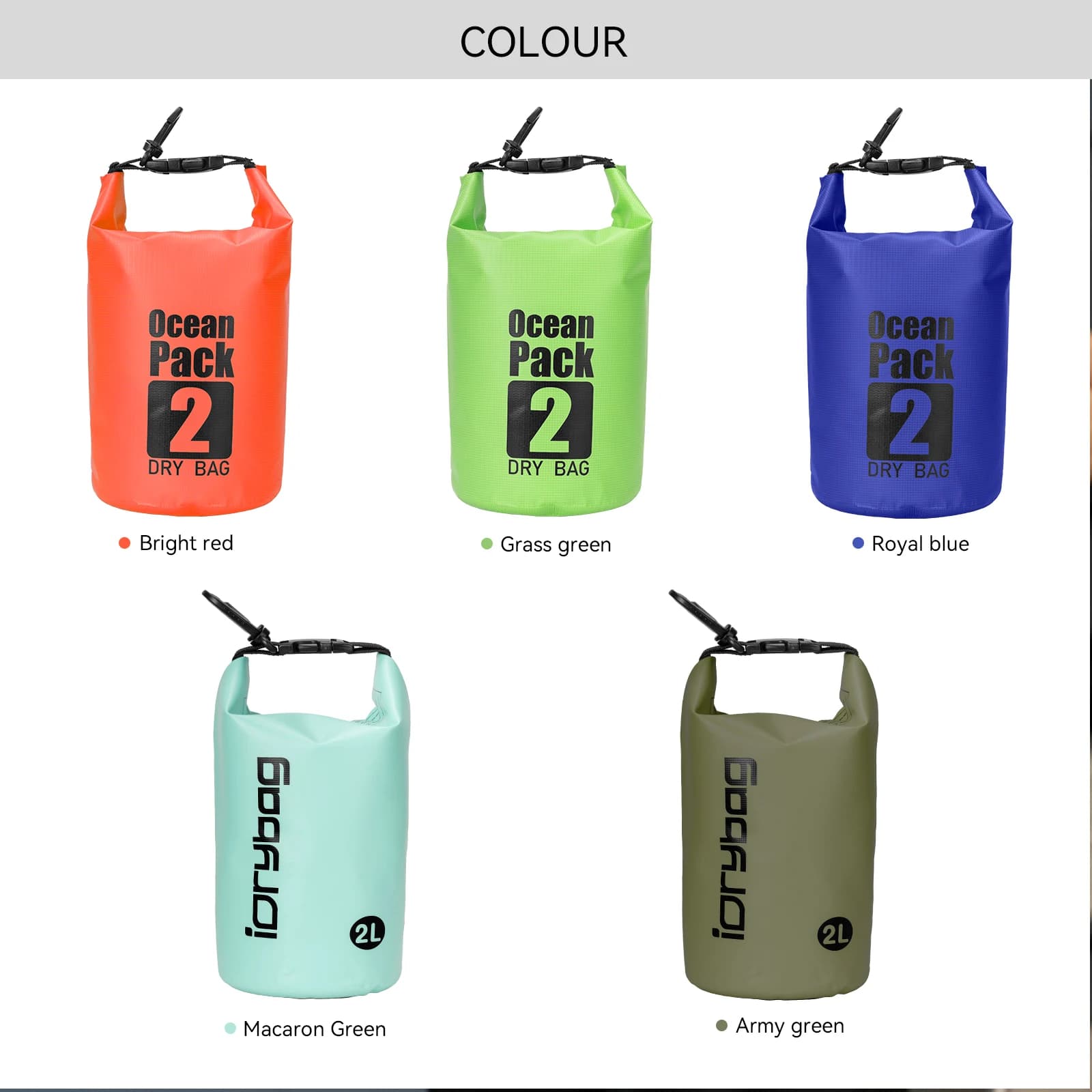 Idrybag 2L Dry Bag Waterproof Bags for Women Men Beach Kayaking Boating Canyoning Swimming Lightweight Dry Bag