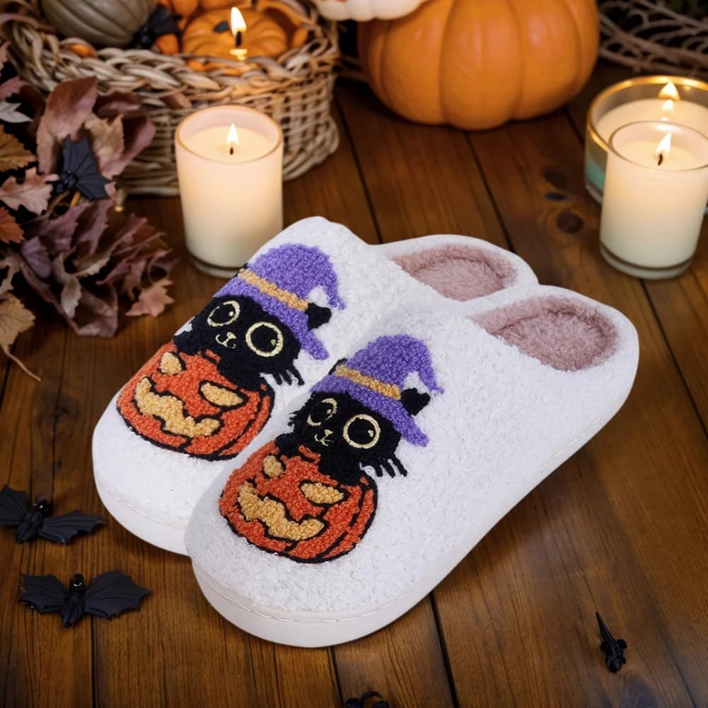 Scarpe da casa slip-on calde con zucca gatto nero Comode pantofole termiche per coppia Pantofole sfocate antiscivolo con punta chiusa per l'inverno