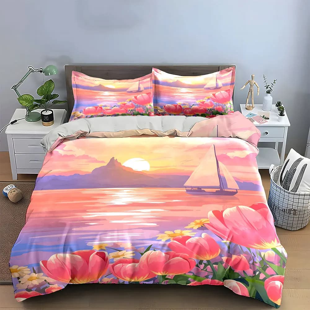 Set di biancheria da letto con decorazioni floreali Sailing Sunset, con 1 copripiumino e 2 federe, singolo, matrimoniale, king, queen, regalo