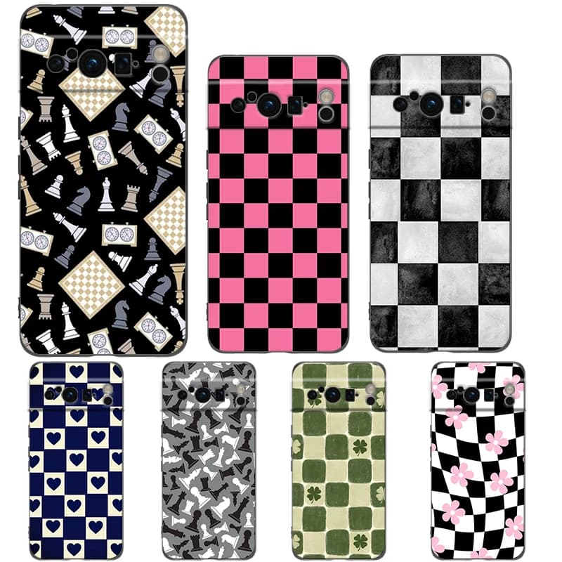 Scacchiera Cassa Del Telefono Per Google Pixel 10 9 8 7 6 Pro XL 9A 8A 6A 7A 5G Morbida Antiurto TPU Nero copertura