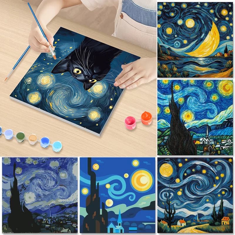 GATYZTORY 20x20cm Pittura a Numeri con Cornice, Paesaggio Notturno Stellato, Quadro Dipinto a Mano con Numeri, Disegno di Gatto su Tela, Decorazione per la Casa