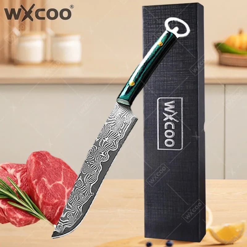 Coltelli da cucina professionali WXCOO, coltello da chef in acciaio Damasco per affettare la frutta, coltello multiuso con manico in legno e scatola per cucinare