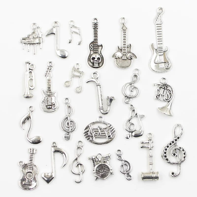 30pcs Charms Musical Guitar Note Piano French Horn Saxophone Antique Silver Color Mixed Pendants DIY Findings Tibetan Jewelry