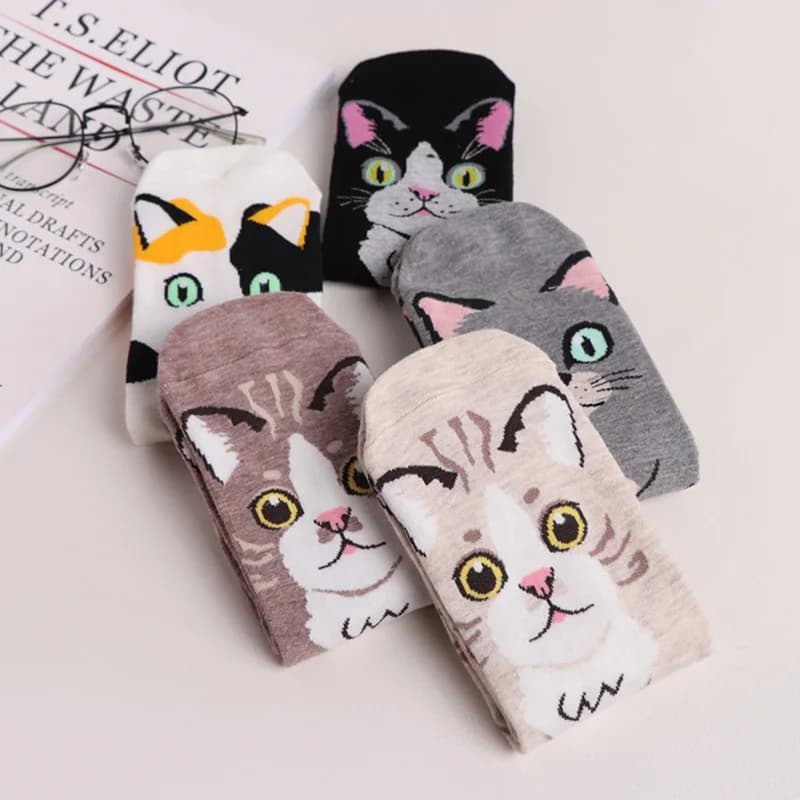 10pcs=5 Pairs Cartoon Kawaii Womens Short Socks Cute Animal Pattern Cotton Mid Tube Socks Student Casual Print Socks Female Lady