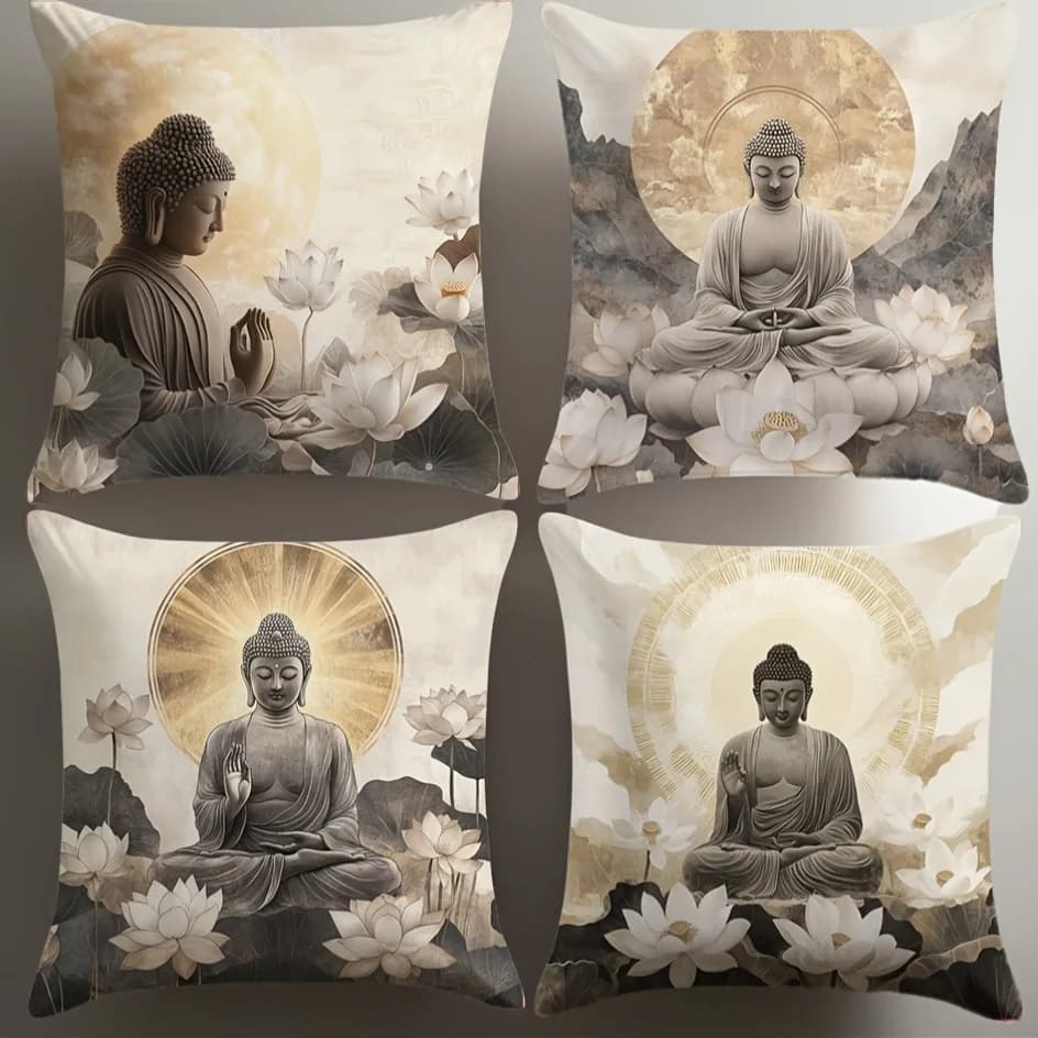 Buddha Lotus Cushion Cover Set Zen Spiritual Home Decor Pillow Square Meditation Gift Asian Style 40x40cm