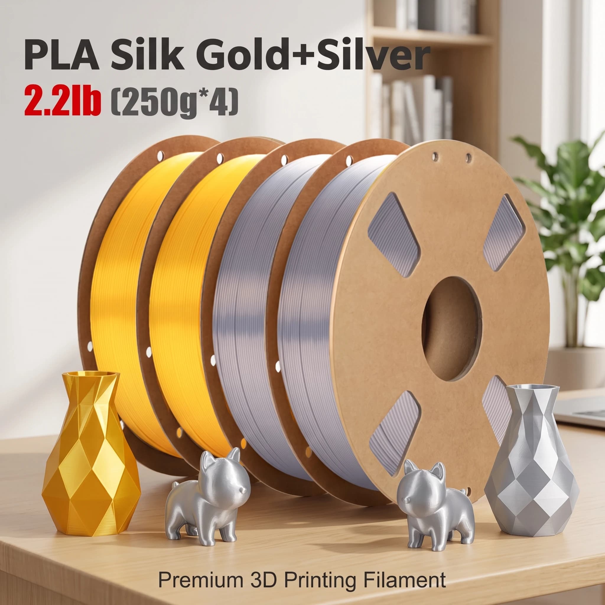 Silk PLA 3D Printing Filament, 1.75mm diameter, 200/250/500/1000g, compatible with most FDM 3D printers; Colors: Gold / Silver
