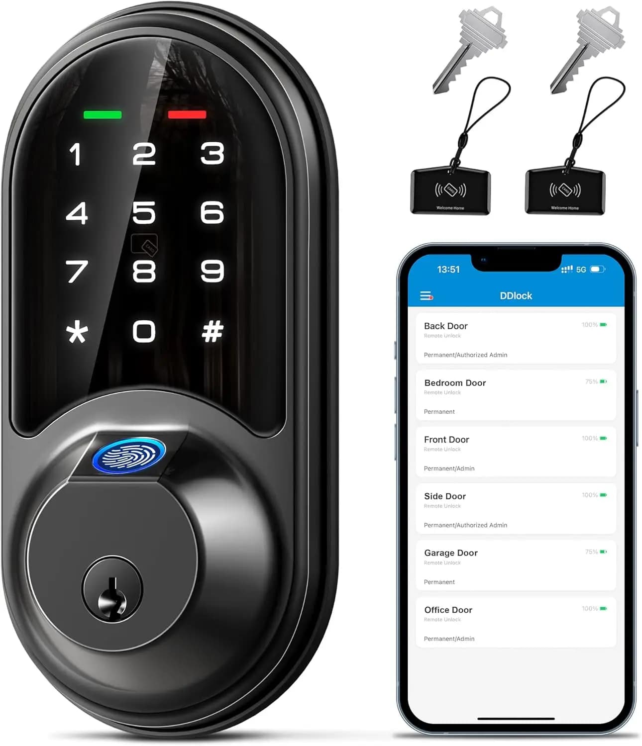 Serratura intelligente 7 in 1 con impronta digitale, controllo app, ingresso senza chiave, tastiera touchscreen in nero opaco