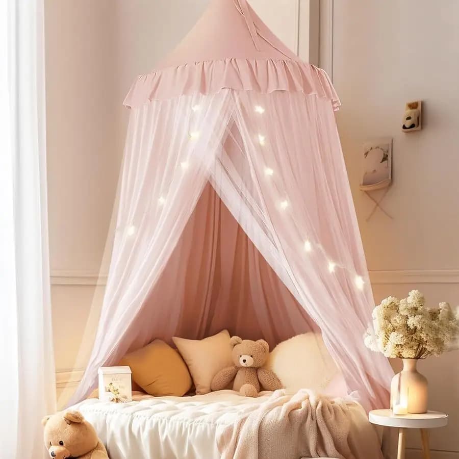 Baldacchino per Letto con Luci a Stella, Tenda a Doppio Strato per Letto, Tenda da Gioco Principessa per Cameretta Bambine, Tenda Traspirante per Bambini