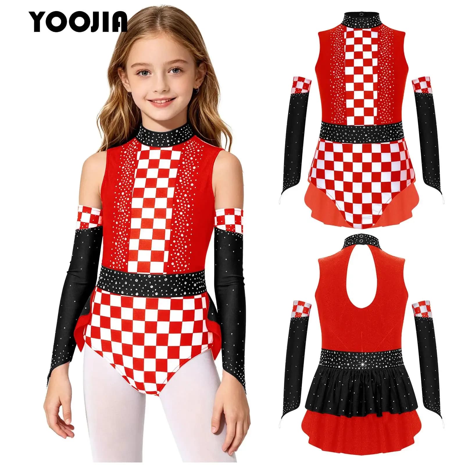 Tuta da pilota da corsa per bambine, costume da pilota da circo, body da pattinaggio artistico con strass, body con stampa a scacchi e maniche a soppalco