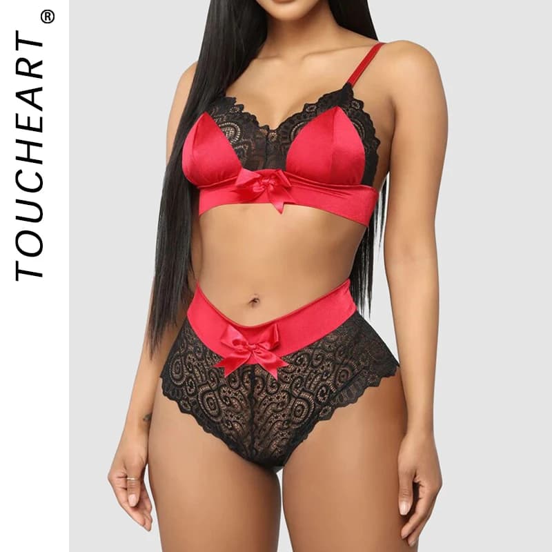 Toucheart Set da 2 pezzi Set di lingerie sexy per le donne Patchwork di pizzo Fiocco in rete Reggiseno con cinturino a tre punti Set di biancheria intima trasparente Nuovo