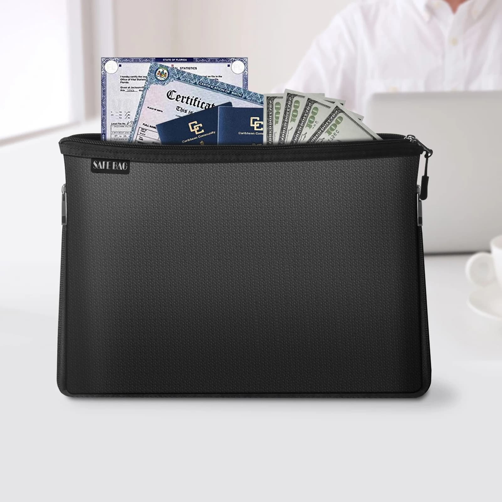 Borsa Ignifuga per Denaro, Resistente al Fuoco e all'Acqua, Espandibile, Porta Documenti, Custodia per Archiviazione con Cerniera, Formato Grande