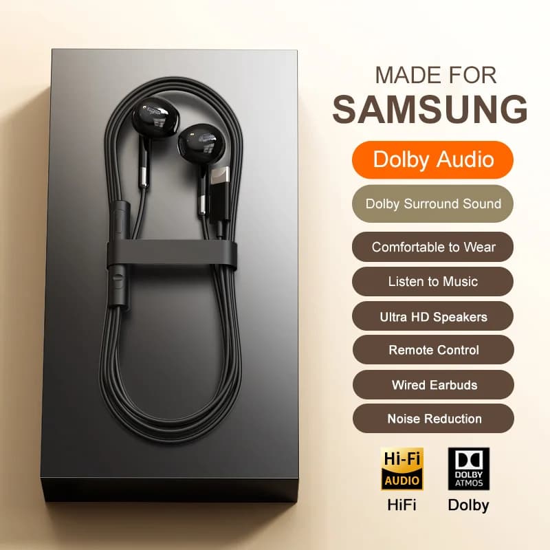 Per Samsung Cuffie cablate Dolby Audio con controllo del cavo USB Tipo C 3.5mm Musica Auricolari cablati per Galaxy S25 24 Ultra A54 A53