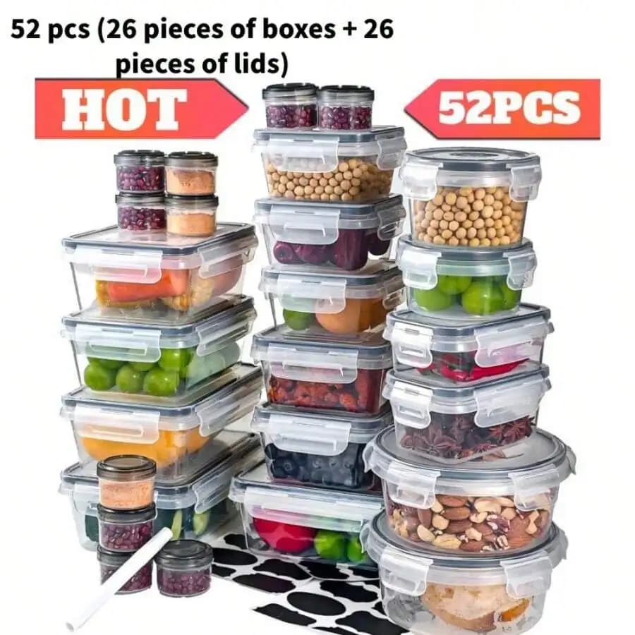 16/24/48/52-Piece Food Storage Container Set, Airtight Kitchen Food Boxes & Leak-Proof Meal Prep Containers. Sealed Fresh-Lockin