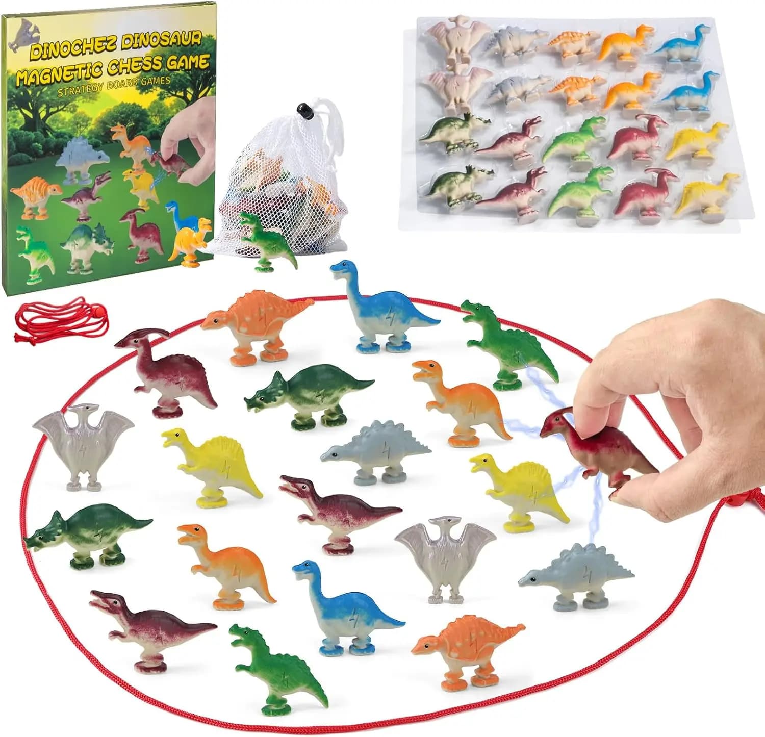 Set di giochi di scacchi magnetici con dinosauro con cordino Giocattolo antistress per bambini Adulti Giochi di famiglia di Natale 20 pezzi Pietre