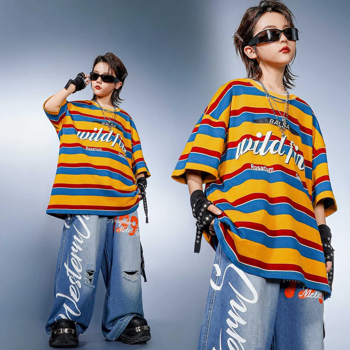 Abbigliamento Hip Hop per Bambini: T-Shirt Gialla a Righe e Jeans Blu Casual Strappati per Ragazze e Ragazzi, Costumi da Ballo