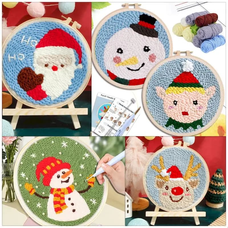 Kit di aghi per punzonatura fai-da-te Facile per principianti Stile natalizio con cerchio Ricamo Punch Needle Starter Filato Cucito Set fai da te Regalo