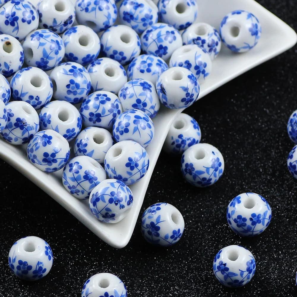 20 pz 8/10/12mm Vintage Blu E Bianco Orchidea Rotonda Perline di Ceramica Per La Produzione di Gioielli FAI DA TE Bracciali Collane Accessori di Perline