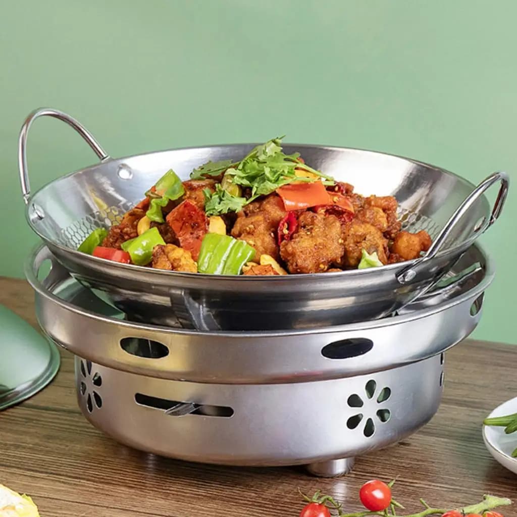 Wok in Acciaio Inossidabile con Fondo Spesso e Rotondo, Pentola Profonda per Cucinare e Friggere