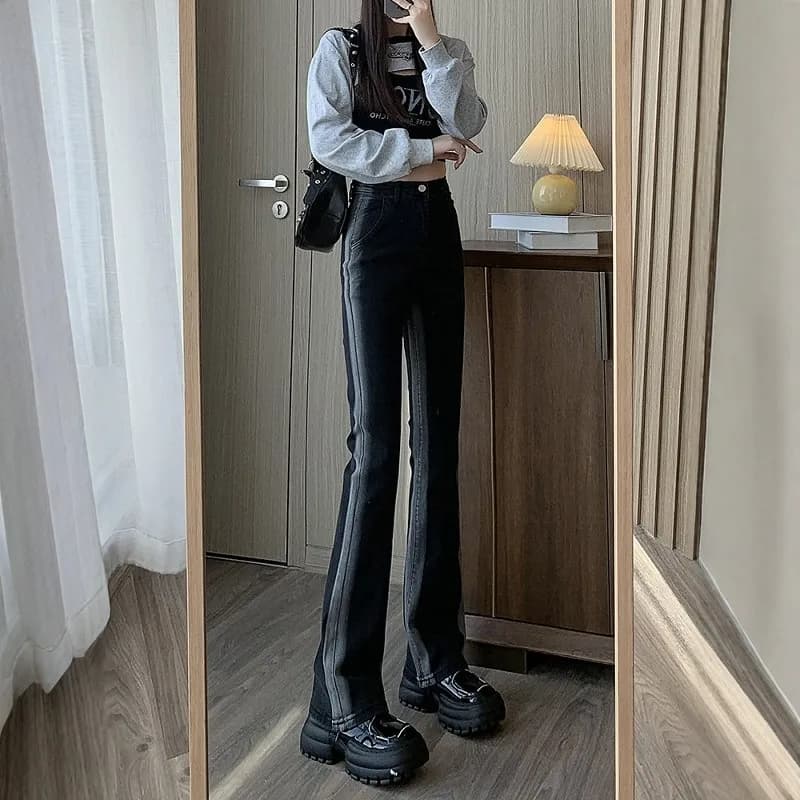 High Waist Jeans and Gamba Larga for Women, Leggings Slim Fit Korean Style, New Casual Pants Vintage Cotton Lavat For Ladies