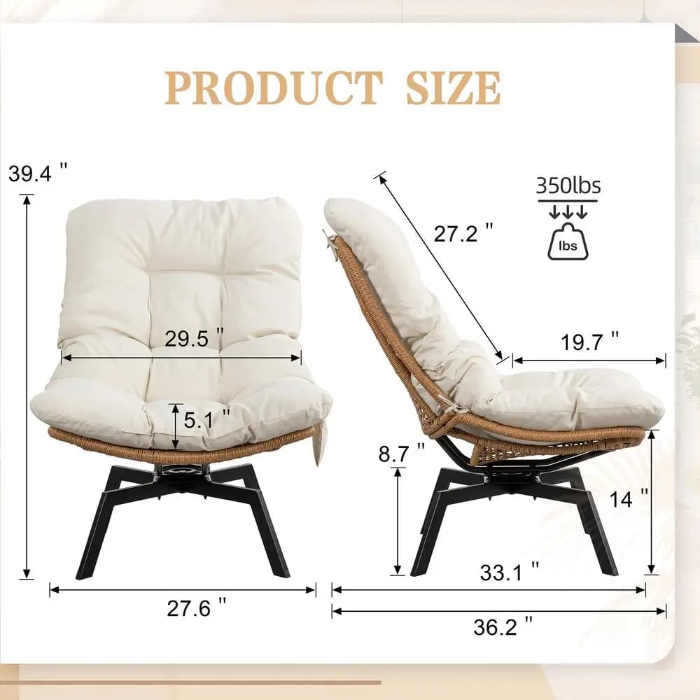Sedia Girevole in Vimini PE con Cuscino, Poltrona Oversize da Esterno per Patio, Interno, Balcone, Cortile, Giardino