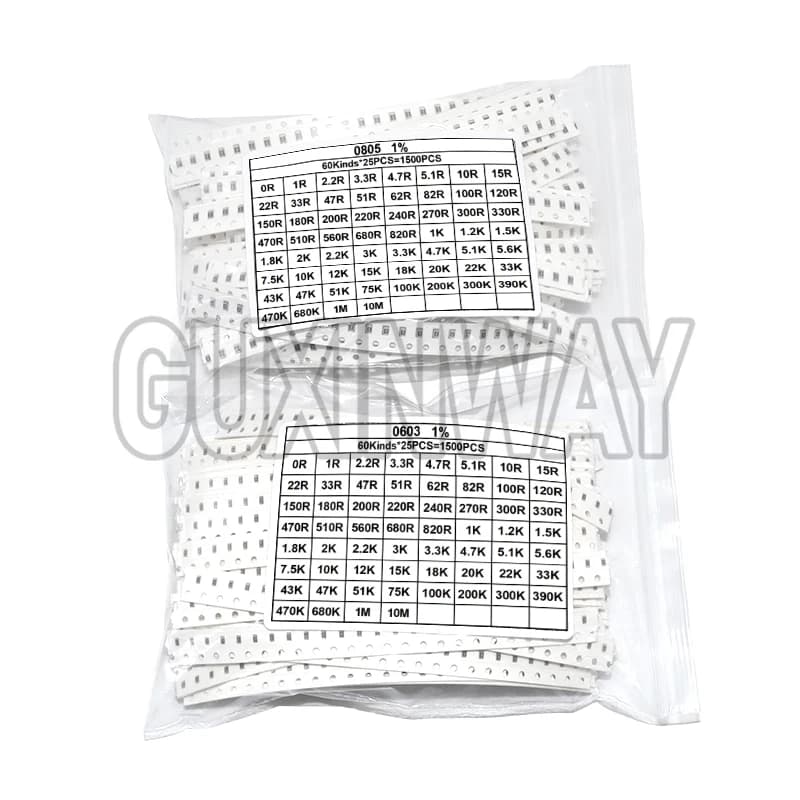 SMD 0603 0805 1500 pz/set resistori set assortiti (60 valori x 25 pezzi) 0R-10M Ohm 1% kit resistenza chip film ad alta precisione