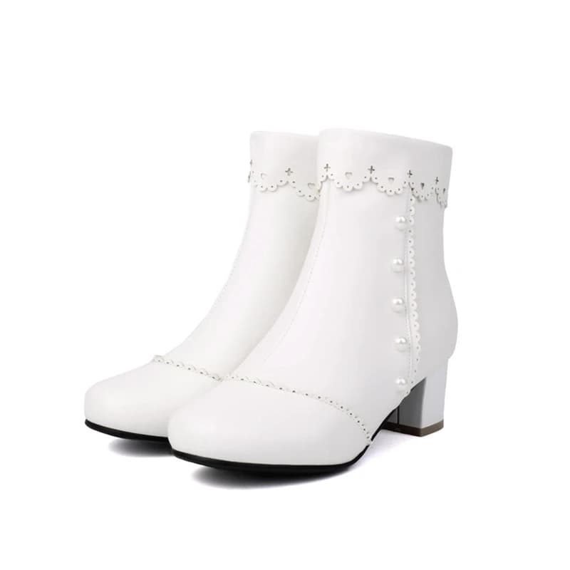 SIMLOVEYO Sweet Cute Ankle Boots Round Toe 5cm Heel Cutout Pearls Size 46 47 48 US16 US17 Student Black White