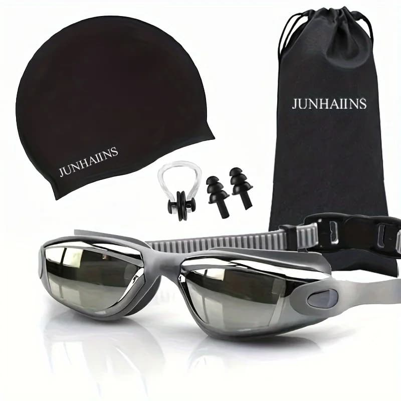 Junhaiins HD swimwear Set Electrolytic Silicone Swimming Glasses Waterproof Embracing with Swim Head Clip for nose and earplugs