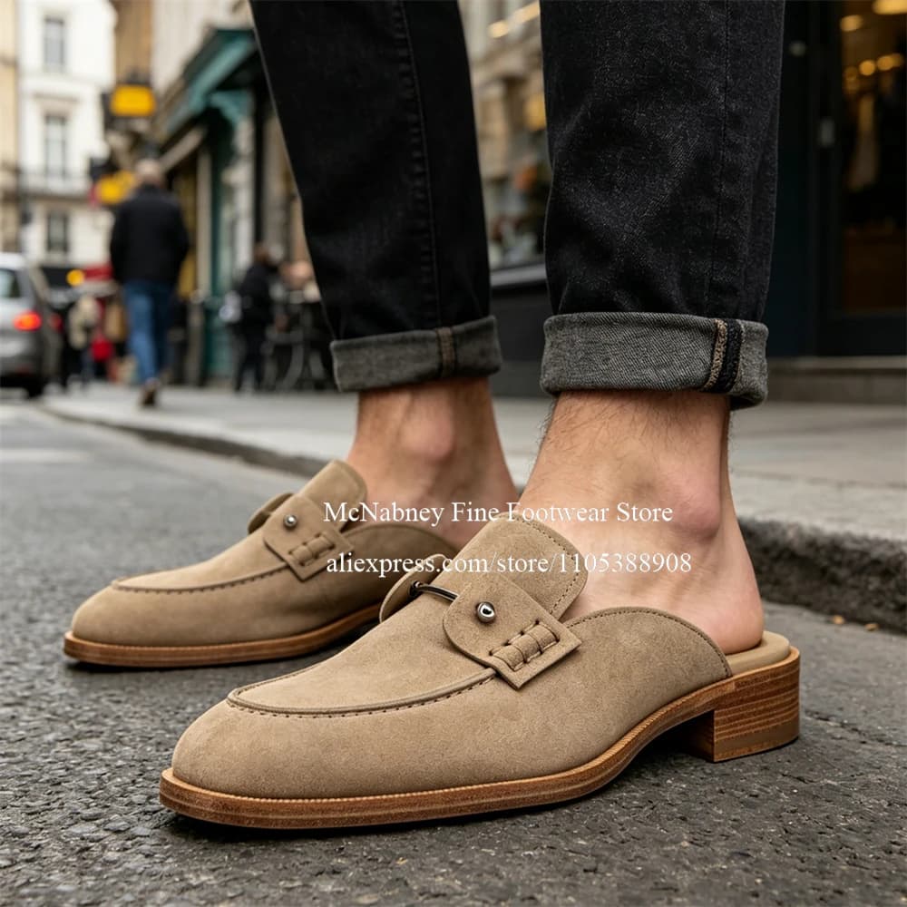 Handmade Suede Backless Collar Pin Men Loafers Round Toe Slip on Mules Daily Business Casual Shoes Summer Street Shoes for Men