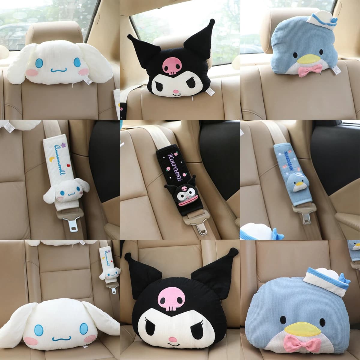 Sanrio Cinnamoroll Car Headrest Pillow Plush Doll Neck & Lumbar Support Cushion Adjustable Car Seat Pillow Seat Belt Cover